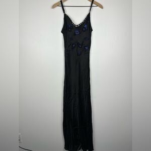 Poupette St Barth Black Satin Embroidered Floral Side Slit Maxi Resort Dress